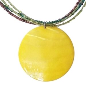 Bright Yellow Pendant On Multi-Strand Beaded Necklace Boho Gypsy